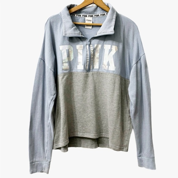 PINK Victorias Secret Blue Half Zip Holographic Spell Out Pullover Women’s Sz L - Picture 1 of 7